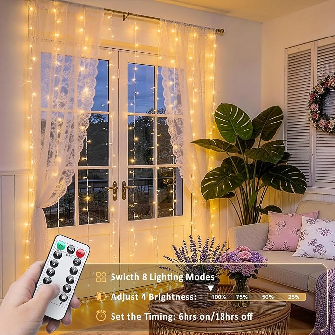 JMEXSUSS USB Plug in Curtain Lights 200 LED with 8 Modes, 6.5ftx6.5ft | Remote, Warm White Curtain Fairy Lights, String Lights for Bedroom, Classroom, Dorm, Wedding, Xmas, Party Decor