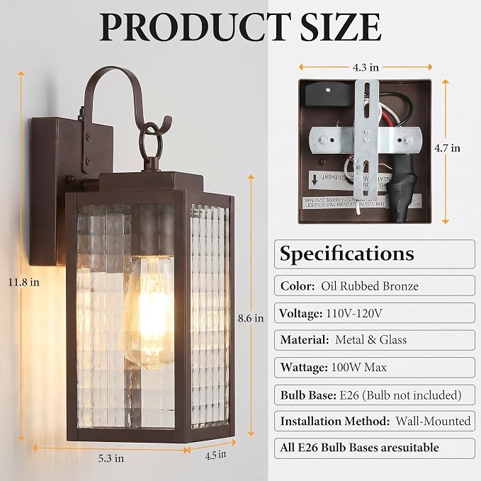 11.8-Inch Bronze Dusk to Dawn Outdoor Light Fixture, All-Metal | Auto On at Dusk, Off at Dawn, Checkered Glass, Rust-proof All-Metal Frame for Porch, Garage
