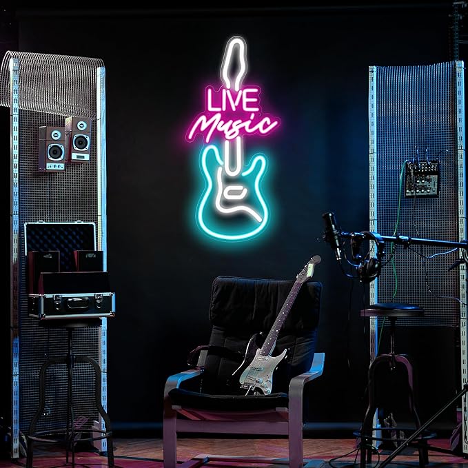 Kavaas Live Music Neon Sign for Wall Decor, LED Guitar Shaped Sign for Music Studio, Bar, Bedroom, Party, Man Cave - Best Gifts for DJs Enthusiast, Birthday, Christmas