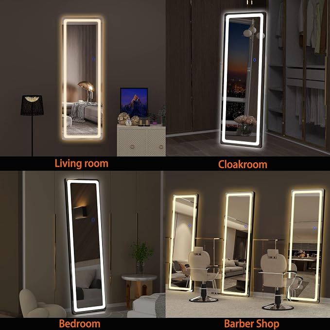 Hasipu Full Length Mirror with Lights, 56" x 16" LED Floor, Full Body Dressing Standing, Hanging Mounted Mirror, Round Black