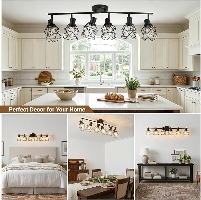 LOUSACE 6-Light Ceiling Track Lighting Fixtures, Multi-Directional Flush Mount Ceiling Spot Lights, Rotatable Black Track Light with Metal Cage for Farmhouse Dining Room, Living Room, E26 Base