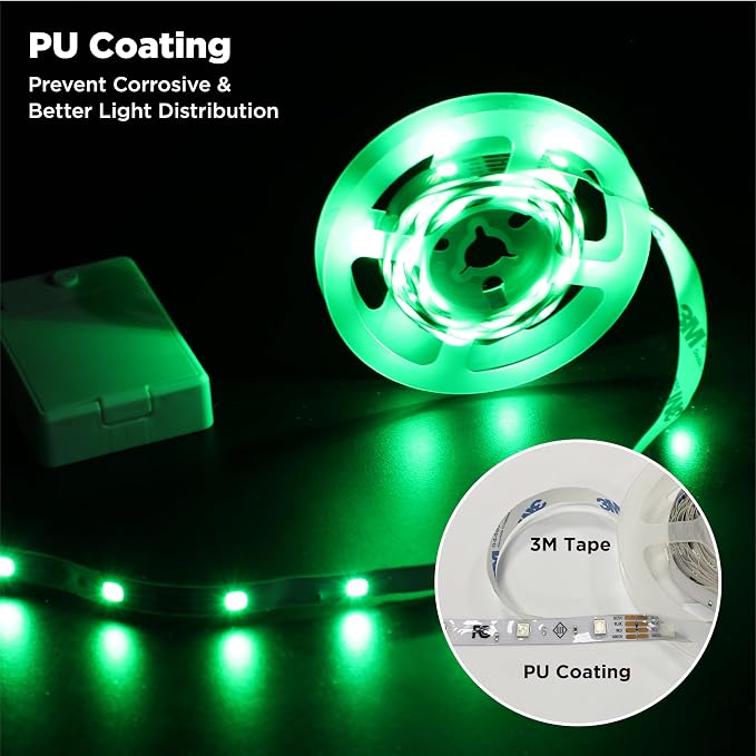 Battery Powered LED Strip Lights 2X 3.33ft Flexible Green Light Strip for Bedroom Room Decor, Lighting for Cabinet Shelf Closet TV Backlight