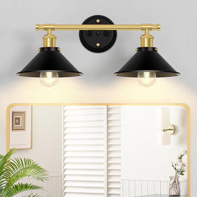 Licperron Farmhouse 2-Light Black Gold Vanity Lights Fixtures, Black and Gold Bathroom Lights Over Mirror with Metal Shade, Industrial Wall Sconces Lighting for Kitchen, Bedroom and Hallway