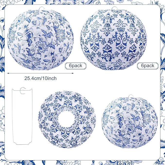 12 Pcs Chinoiserie Party Decor Blue White Porcelain Paper Lantern | 10", Blue and White Porcelain Paper Lantern, Chinese Hanging Decor for Classroom Wedding Birthday Party Baby Shower Home