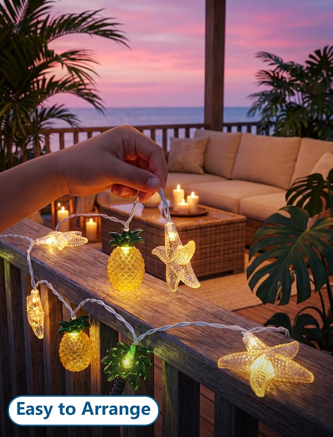 19Ft Hawaiian Beach String Lights Outdoor with 35 LED Starfish, Pineapple & Palm Tree Lights, Plug-in Tropical Party Decoration for Patio, Backyard, Garden, Window, Tiki Bar, Pool Party Decor