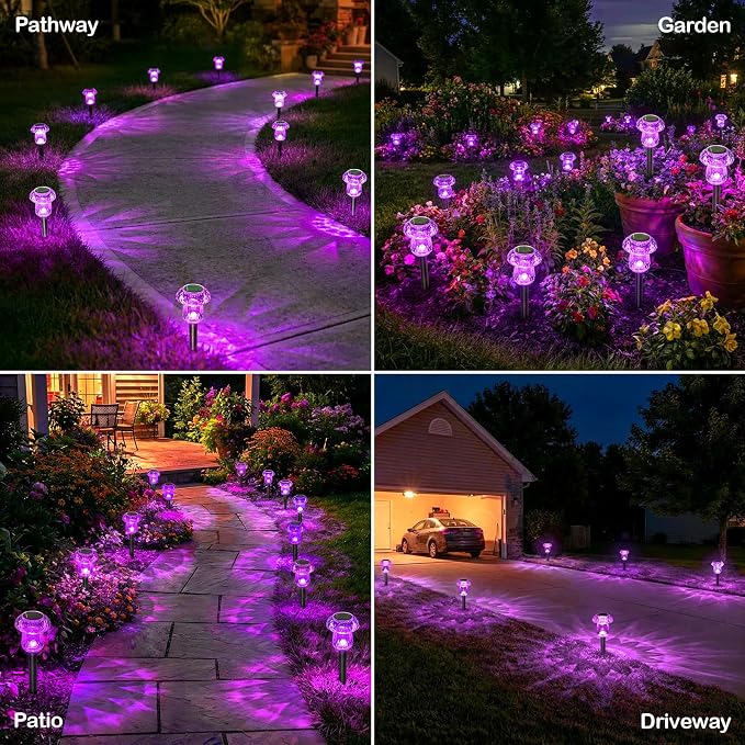 Solar Halloween Lights Outdoor 8 Pack Purple Garden Mushroom Decor | LED Waterproof Halloween Decorations Outdoor for Pathway Yard Outside Driveway Walkway Landscape Path Lighting, Auto On/Off