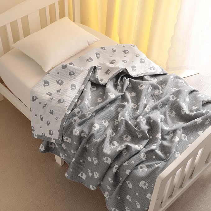 NTBAY 3 Layer Oversized Muslin Toddler Blanket, 45 x 60, Dark Grey Elephant | Muslin Cotton Outer Layers with Light Thermal Fiber Fill, Reversible Blanket for Daycare, Travel, Naps, and Supervised Use