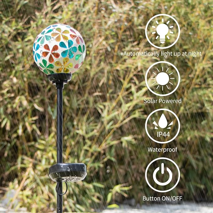VCUTEKA Decorative Solar Garden Lights, 3.5" Mosaic Globe Outdoor Stake | Mosaic Glass Globe Design, Solar LED Light, Waterproof Design, Auto On/Off and Metal Stake Design for Lawn and Patio