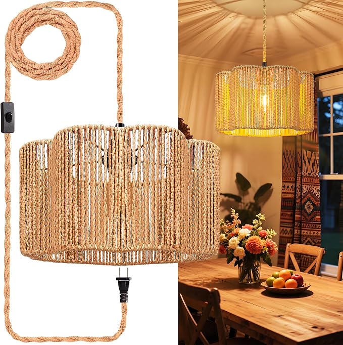 Hanging Lamps Rattan Pendant Light Hanging Lights 16.4ft Plug in Cord Pendant Light Fixture Plug Into Wall Outlet Pendant Lighting with On Off Switch for Bedroom Living (Cylindrical Flower Shade)