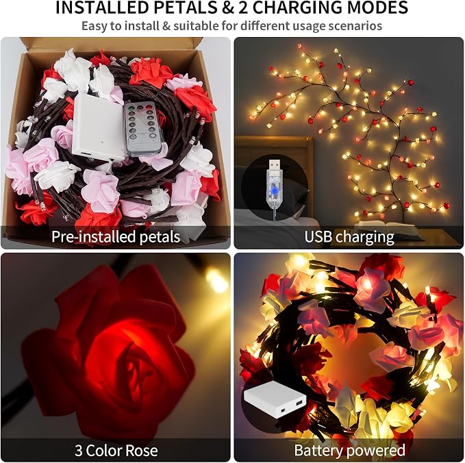 7.55FT 144LED Rose Blossom Enchanted Willow Vine Lights with Battery Box | 3 Color Rose Blossom Tree Branch Lights for Wall, Remote Timer,8 Light Model,Bedroom Wall Doors Wedding, Christmas