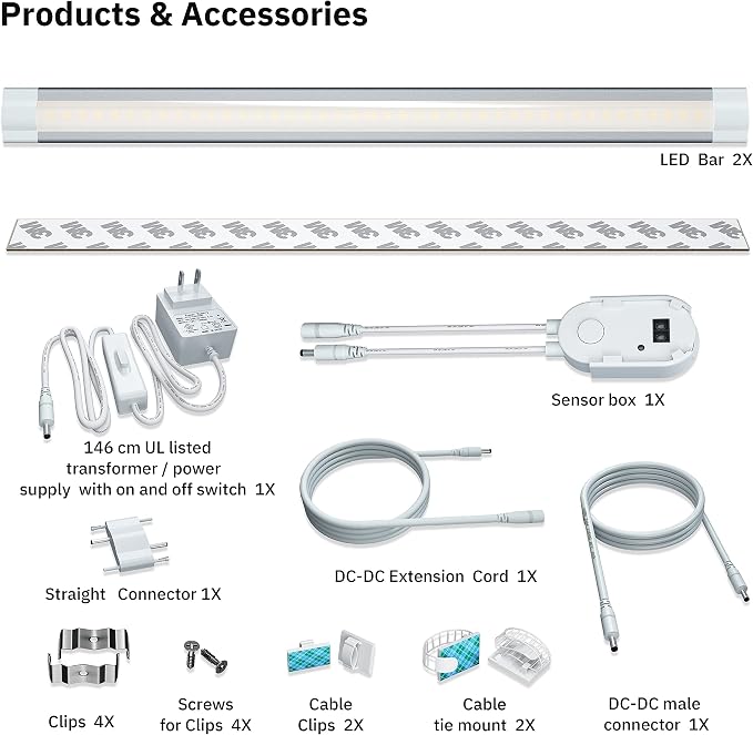 Under Counter Light Fixtures LED Under Cabinet Lighting Plug in,Dimmable Undercabinet Lights with Manual Sensor Control,6000K Cold White,Kitchen,Shelf,Desk,Tool Box Hutch Light,2PCS