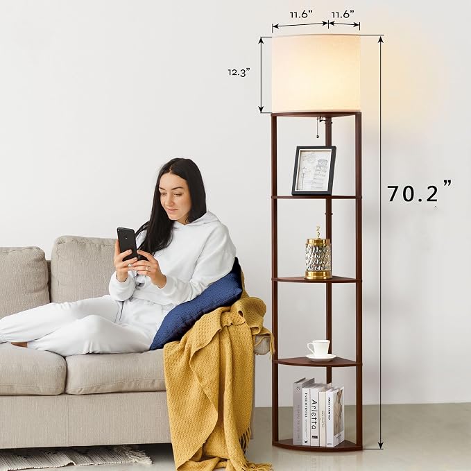 Corner Floor Lamp with Shelves, Tall Corner Lamp with Fabric Shade, Modern Torchiere Lamp for Living Room, Bedroom, Office, Corner Display Shelf with Light, Home Decor, Brown