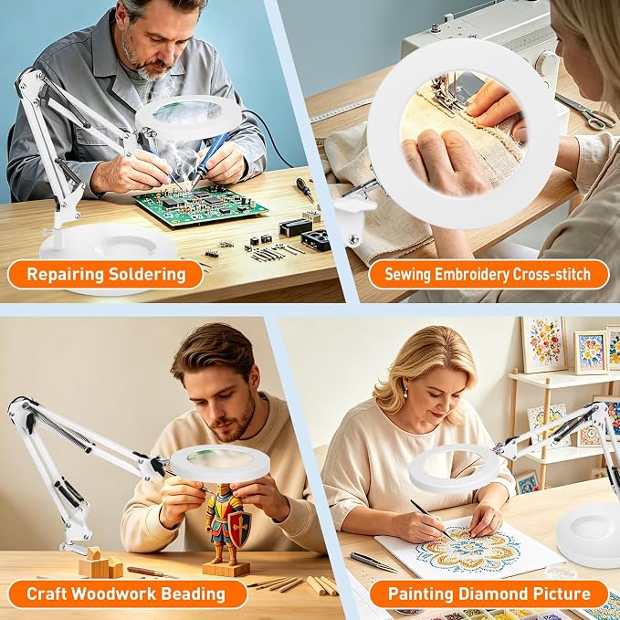 KIRKAS 10X Magnifying Glass with Light and Stand, 2 in 1 Stepless Dimmable | LED Desk Lamp with Clamp, 3 Color Modes Lighted Magnifier Swivel Arm Light for Reading, Craft, Close Works - White