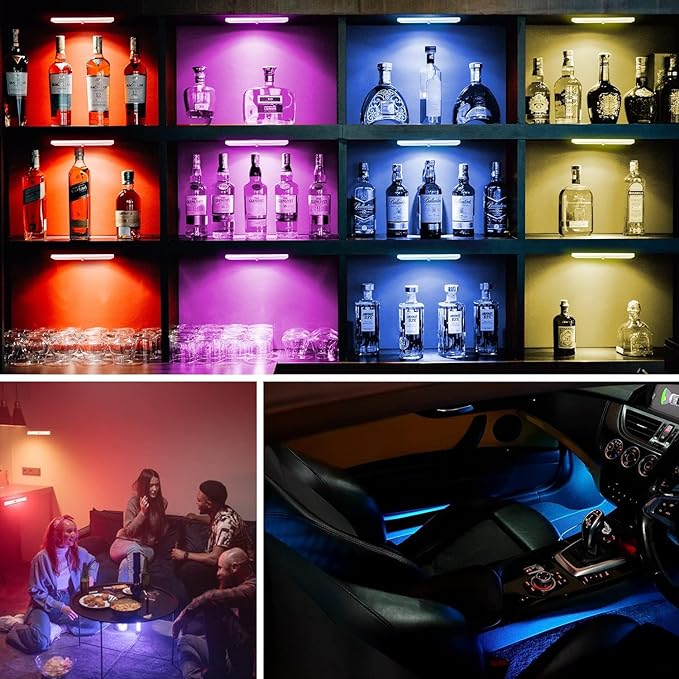 Under Cabinet Lighting with Remote, 15 Color RGB 4 Dynamic Working Modes Wireless Lamp, 1100mAh Rechargeable Lamp & 3 Timer, Stick on Lights for Kitchen, Home Decor, Closet, House Party (2 Pack)