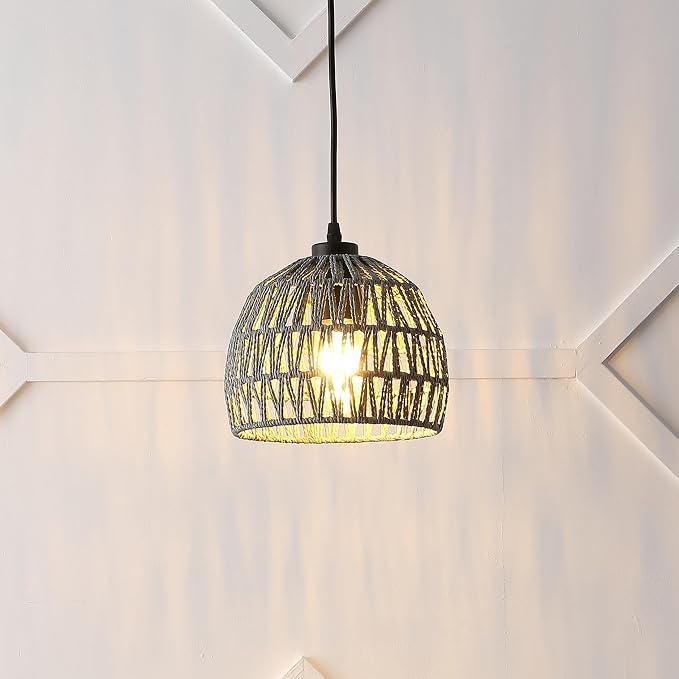 JONATHAN Y Campana 1-Light Pendant Dome Ceiling Lamp, 8.25", Gray | Modern Coastal Farmhouse Decor, Adjustable Height, Woven Rope Metal Frame, LED Bulb Included, UL Listed