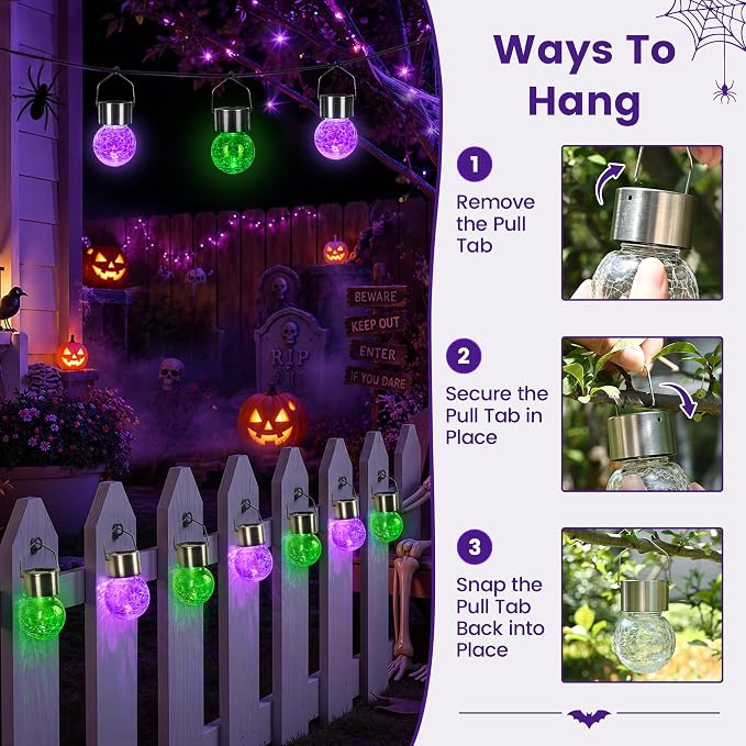 GIGALUMI Solar Hanging Lights Outside Halloween Decoration Lanterns 8 PC | Purple, Halloween, Solar Powered, Waterproof, Decorative, Crackle Glass, Graden&Tree Decoration, Gifts for Women, Ornaments