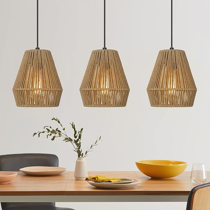 ELYONA 3 Pack Japandi Woven Pendant Lights 7” Modern Boho Hanging Lamp with Handwoven Rattan Shade, Adjustable Farmhouse Coastal Pendant Light Fixtures for Kitchen Island,Dining Room,Bar, Hallway