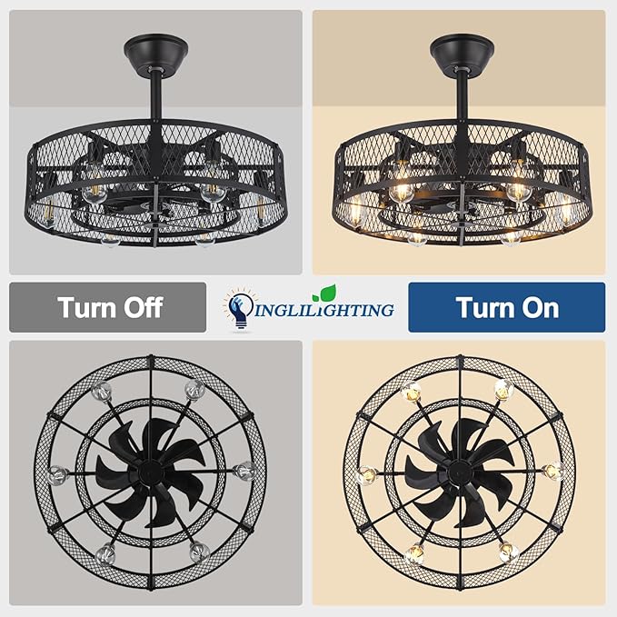 DLLT Caged Ceiling Fan with Lights: 26" Bladeless Fandelier Ceiling Fans with Light and Remote - Black Industrial Chandelier Enclosed Fan Light for Bedroon Living Dining Room Kitchen