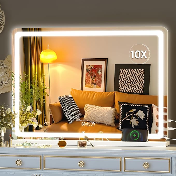 Hasipu Vanity Mirror with Lights, 27.6" x 20" LED Makeup Mirror, Lighted Makeup Mirror with Dimmable 3 Modes, Touch Screen Control Vanity Mirror Round White