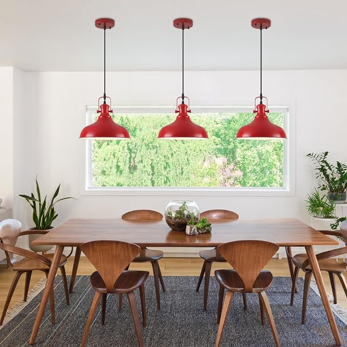 Red Farmhouse Pendant Lights, 11.4" Industrial Pendant Lighting for Kitchen Island, Kitchen Island Lighting, Island Pendant Light for Kitchen, Barn, Dining Room, 3 Pack