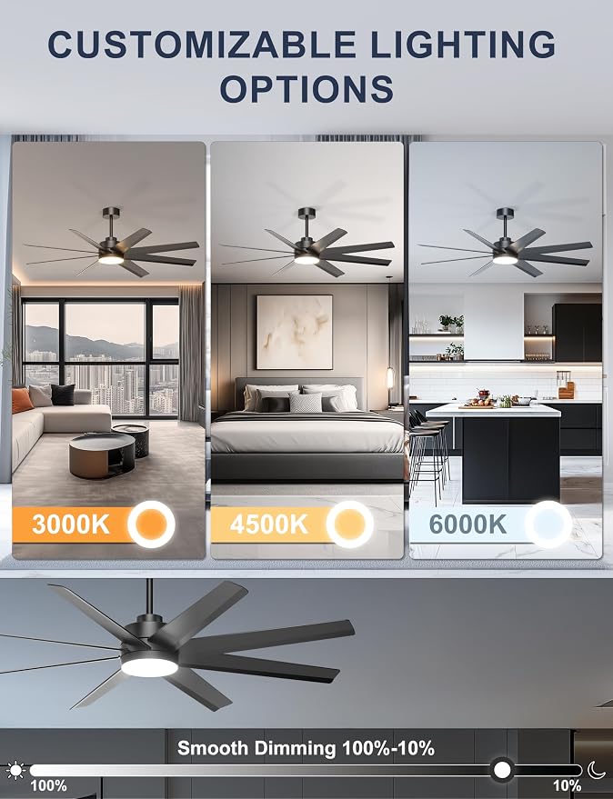 Ohniyou 60" Black Ceiling Fan with Light for Patio, Porch, Living Room | Remote/App Control, Quiet DC Motor, 3CCT Dimming, Modern Covered Outdoor Fan with 8 ABS Blades