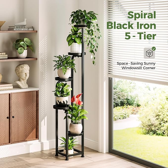 Bamworld Tall Plant Stand Indoor Outdoor Corner Metal Flower Pot Stands | 5 Tier Black Heavy Duty Plant Shelf for Multiple Plants Plant Table for Patio Garden Balcony Living Room Bedroom