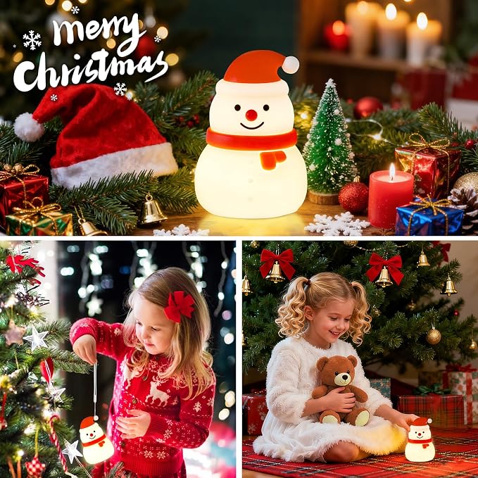 Squishy Christmas Snowman Night Light with RGB Modes Dimmable Nursery Breastfeeding Nightlight Hangable Cute Christmas Lamp Novelty Rechargeable Silicone Touch Bedside Lamp for Bedroom Dorm Decor
