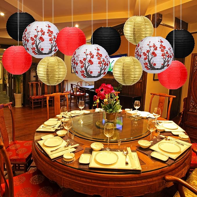 Mudder 20 Pack Chinese Japanese Paper Lanterns, Red Black Gold Sakura Cherry Blossom Hanging Lantern Decorations, Asian Theme Party Supplies for Birthday Wedding Restaurant Home Decor, Classic Style