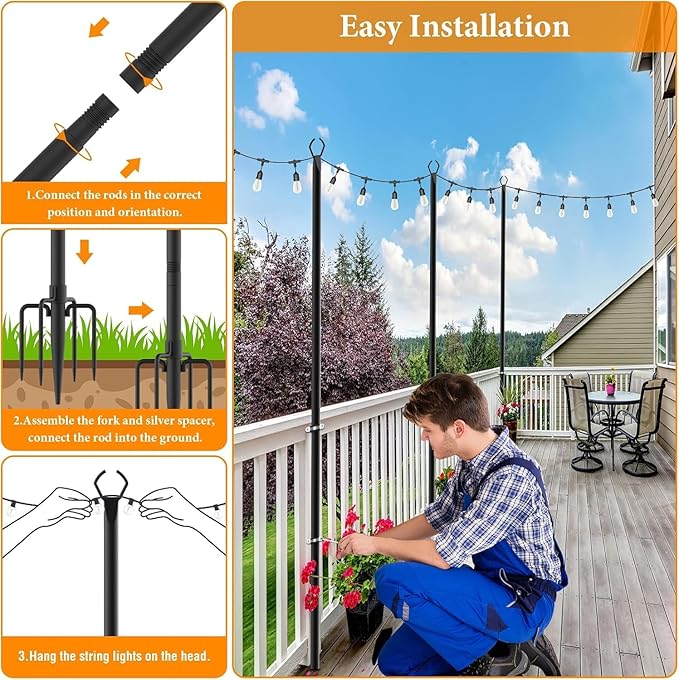 4 Pack String Light Poles,10 Ft Light Poles for Outside String Lights,Outdoor Lights Pole with Fork,Metal Poles Stand for Patio Deck Backyard (10FT 4 Pack)