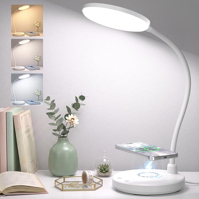 Desk Lamps for Home Office, Wireless Charger 800LM CRI95+ Desk Light, White | Eye-Caring Study Lamp with 3 Color Modes, Dimmable 0-100%, Flexible Neck for Bedside, College Dorm, Adapter Included