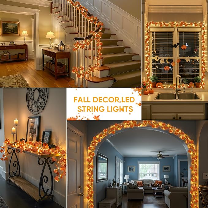33FT 100 LED Maple Leaf String Lights Battery Operated Copper Wire | Vine with Fairy Lights with Remote,Dimmable Fall Garland with Lights for Bedroom,Wall,Thanksgiving Decor (Warm White)