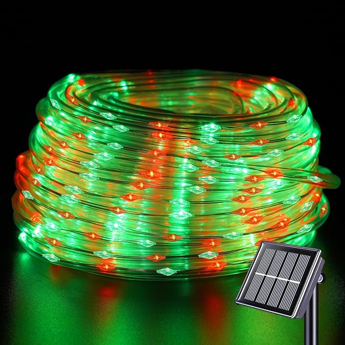 YEGUO Solar Rope Light Outdoor Waterproof, 66ft 200 LED Red and Green String Lights, 8 Modes Tube Christmas Lights in Clear Thin Tube