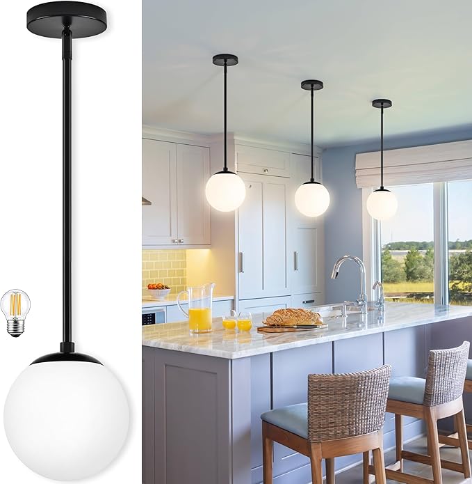 6 Inch Globe Pendant Light Black Mid Century Modern Globe Light Fixture Mid Century Milk Glass Pendant Lamp Matte Black Finished with Milk Glass Lampshade for Kitchen Island