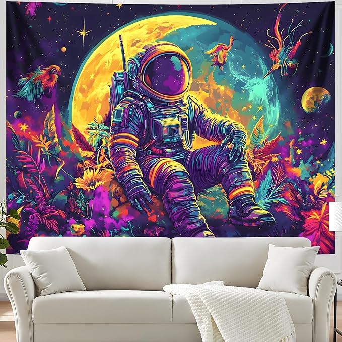 BVBOX Blacklight Space Astronaut Tapestry UV Reactive Galaxy Planet Glow in Dark Tapestries Black Light Poster Neon Wall Hanging Art for bedroom Living Room (Astronaut & Moon-1M)