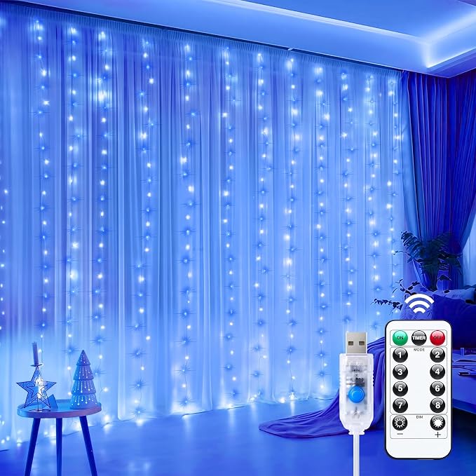 Minetom Curtain Lights, 300 LED Dimmable Fairy Lights with Remote and Timer, 8 Modes, USB Powered String Lights for Room Wall Party Xmas Indoor Decor, Blue & White Hanukkah Decorations Lights