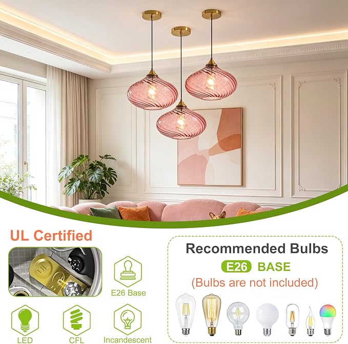 11in Gold Pendant Lights Kitchen Island with Purple Pink Glass Shade 1Pack | Handcrafted Glass Pendant Light Fixtures, UL Certified, E26 Base 100W Max, Height-Adjustable, Dimmable Hanging Pendant Light