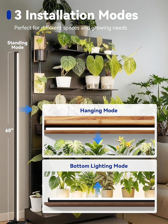 Vertical Grow Light for Indoor Plants, 60in LED Standing Lamp | 36W Full Spectrum Plant Lights with Auto Timer, 268 LEDs Dimming and 3 Light Modes for Wide Coverage Area in Indoor Gardens