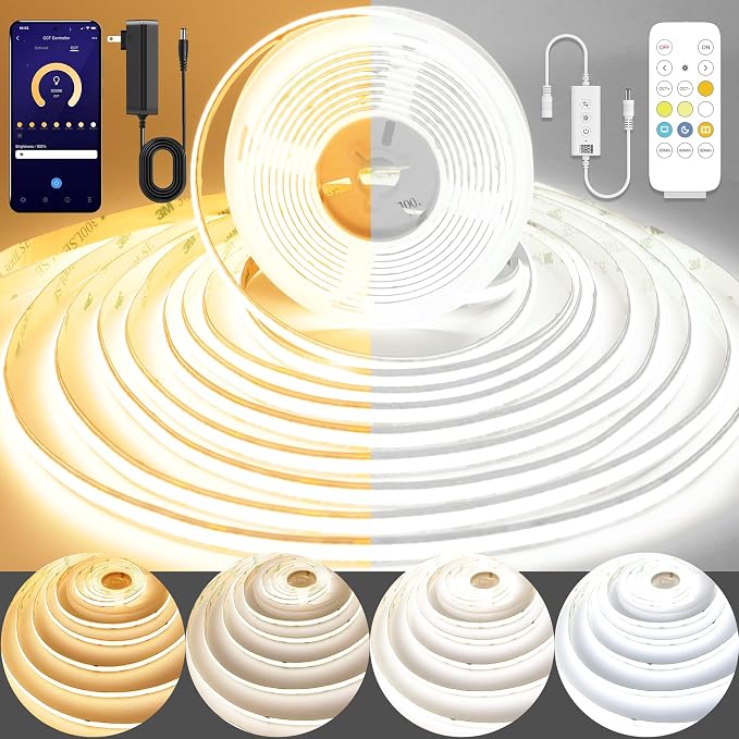 Pandery COB LED Strip Light,CCT Dimmable Strips Light,2700K-6500K,32.8ft/10m,8mm Wide,CRI90+ 24V LED Strips Kit with Bluetooth APP Control/Music Mode,for Bedroom,Kitchen,DIY Lighting