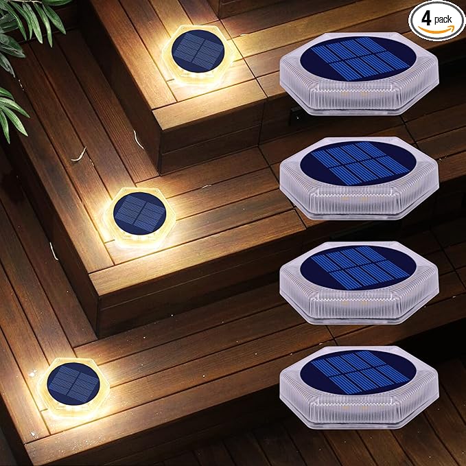 Solar Step Lights for Outside Waterproof, 4 Pack Warm White Outdoor Stair Light Solar Powered, Stick on Lights for Deck, Dock, Driveway, Walkway, Pathway, Porch, Yard, Ground