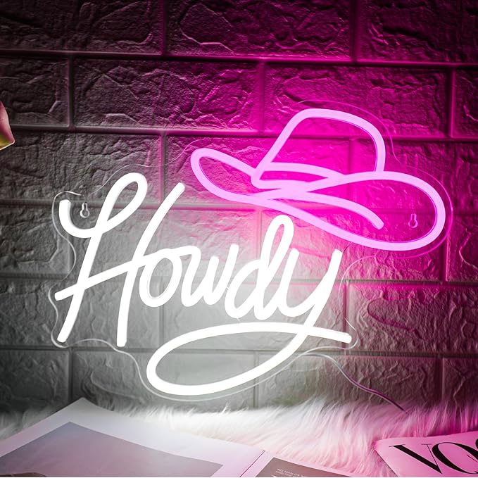 Cowboy Hat Neon Sign Howdy Neon Sign for Wall Decor Dimmable Western Cowboy LED Neon Light for Office Rustic Home Man Cave Beer Bar Cafe Recreation Room Girls Club Gameroom