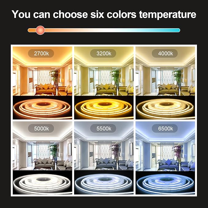 GUPUP 16.4 ft COB Rope Light,Dimmable White Strip Light,24V,3040 LEDs | Flexiable 2700K-6500K Vanity Make-up Lighting, CRI≥90, for Gaming Room,Mirror,Cabinet,Counter,Kitchen,TV