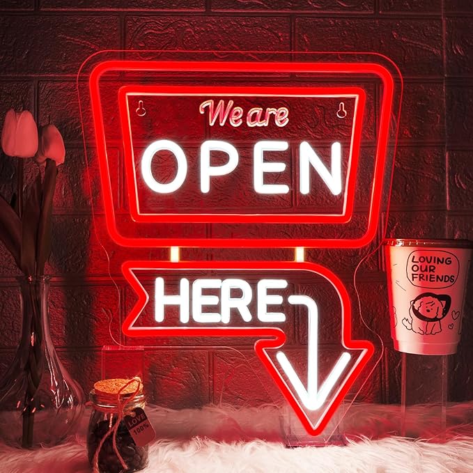 ineonlife We Are Open Here Neon Sign Red Neon Signs for Wall Decor Led Lights for Bar Man Cave Club Store Hotel Restaurant Coffee Shop Business Decor Gifts