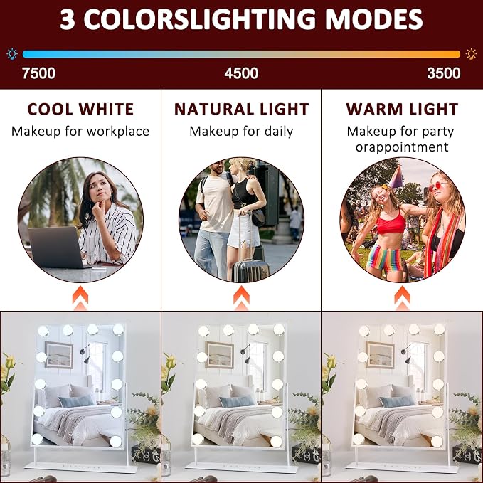 VANITII Lighted Vanity Hollywood Mirror with 12 Dimmable Bulbs Smart Touch Control 3 Colors Light for Tabletop, Detachable 10X Magnification