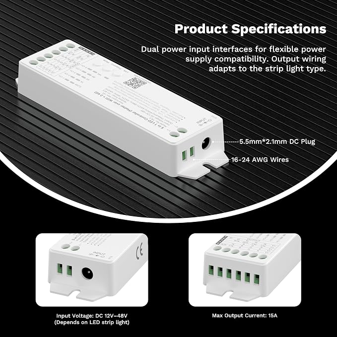 MIWISE Matter LED Controller,2.4GHZ WiFi 4 Zones RF Remote Kit for LED Strip Light,Works with Tuya/Alexa/Google Home/Apple Homekit/Siri,for Dimming/CCT/RGB/RGBCCT/RGBW COB LED Strip Light DC12-48V