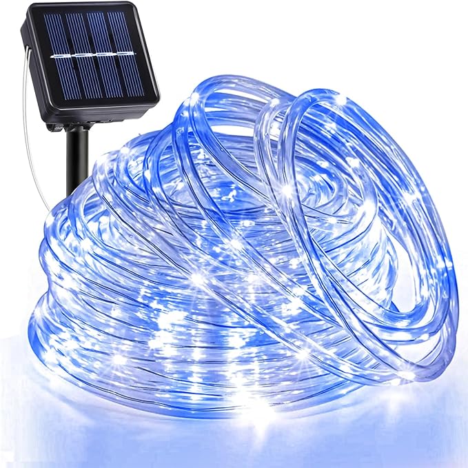 33FT 135 LED Solar Rope Lights Outdoor Waterproof, Blue and White Solar String Lights for Outside 8 Modes, Solar Powered Fairy Light for Camping Patio Garden Fence Trampoline Holiday Decorations
