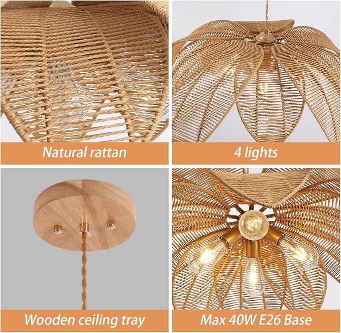 Adjustable Large Petal Rattan Chandelier, 30 Inch 4-Light E26