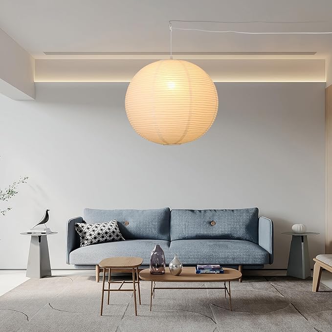 23.6in Paper Lanterns Plug in Hanging Lamp White, 19.7FT Cord | Rice Paper Lamp Lantern Pendant Light Large Globe Japanese Japandi Wabi Sabi Chandelier for Dining Living Room Bedroom 2 Pack