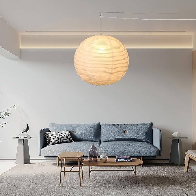 23.6in Paper Lanterns Plug in Hanging Lamp White, 19.7FT Cord | Rice Paper Lamp Lantern Pendant Light Large Globe Japanese Japandi Wabi Sabi Chandelier for Dining Living Room Bedroom 1 Pack