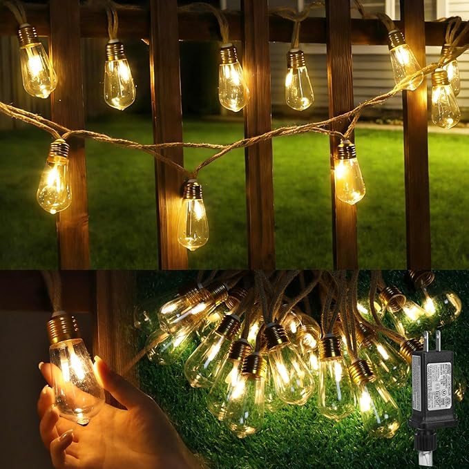 (New) Outdoor String Lights, 24FT 20 LED Hanging Bulbs Lights, IP65 Waterproof 8 Modes Plug-in Shatterproof Patio Globes Lights with Rope Hemp String for Backyard Balcony Camping Bistro - Warmwhite