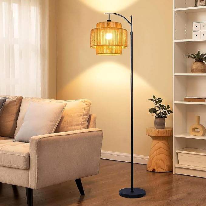 ILLMTW Rattan Floor Lamp for Living Room Bedroom Boho Arc Standing Lamp with Remote Dimmable Black Farmhouse Wicker Bamboo Lamp Shade Floor Light Tall Lamp Industrial Floor Lamps Bohemian Decor